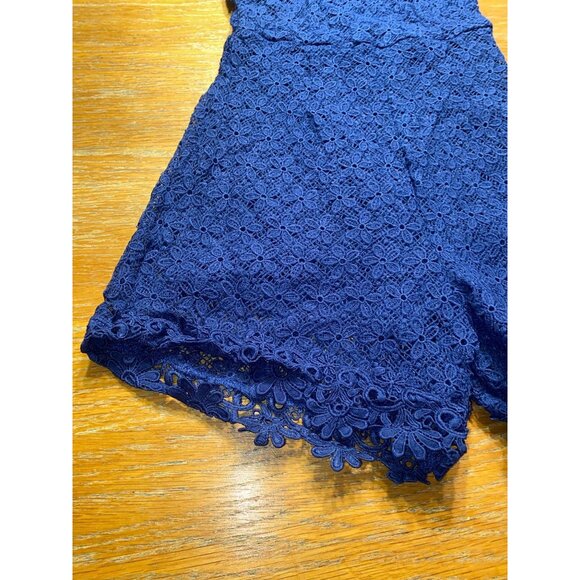 Womens Navy Blue Floral Lace Romper Short Sleeve Keyhole Back Elegant Design - Picture 4 of 7